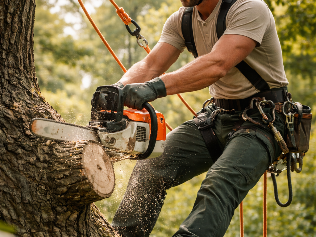Élagage sécurisé d'un arbre avec équipements de protection