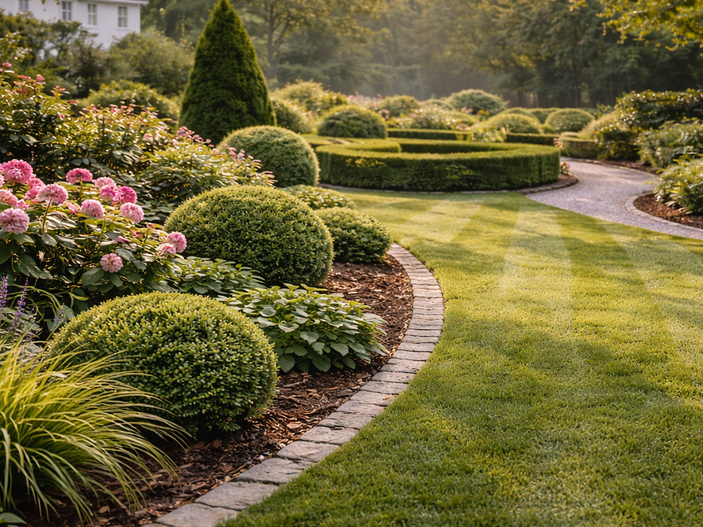 Jardin entretenu avec massifs tailles et pelouse nette