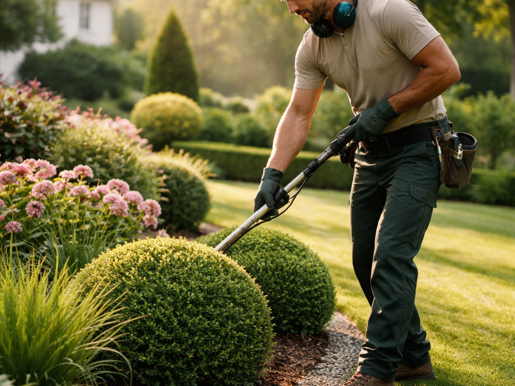 Taille de haies et tonte précise dans un jardin paysager